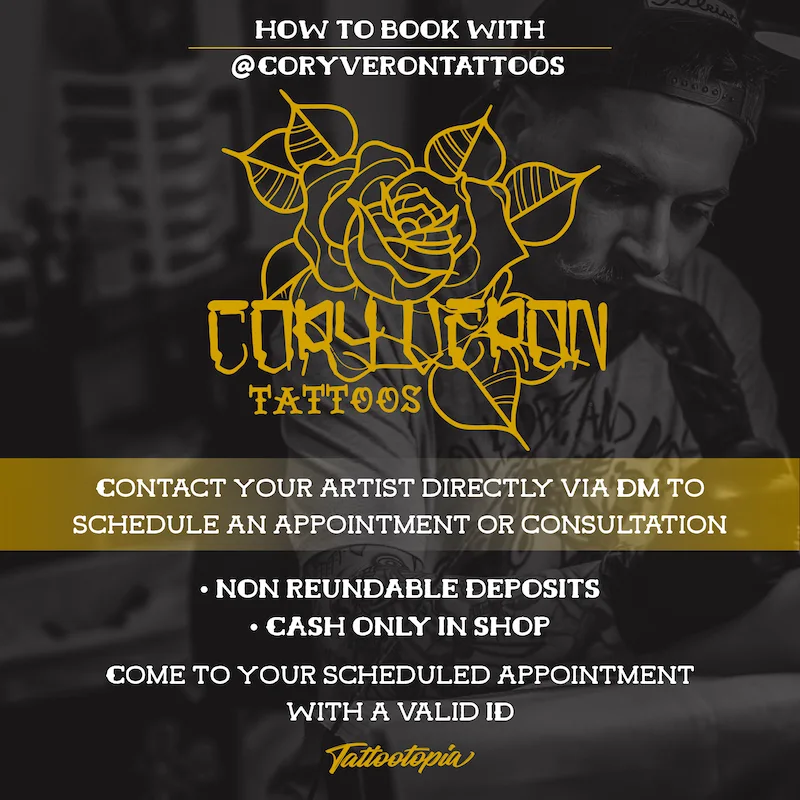how to book cory veron tattoo artist denham springs