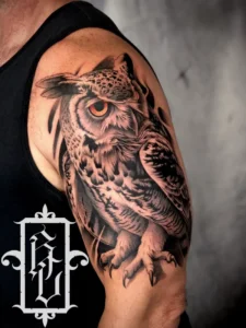 black white owl tattoo half sleeve by roger cazares tattootopia denham springs