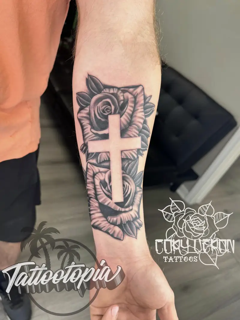 roses cross negative space tattoo by cory veron denham springs