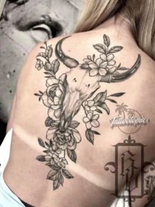 bull skull floral back tattoo roger cazares tattootopia