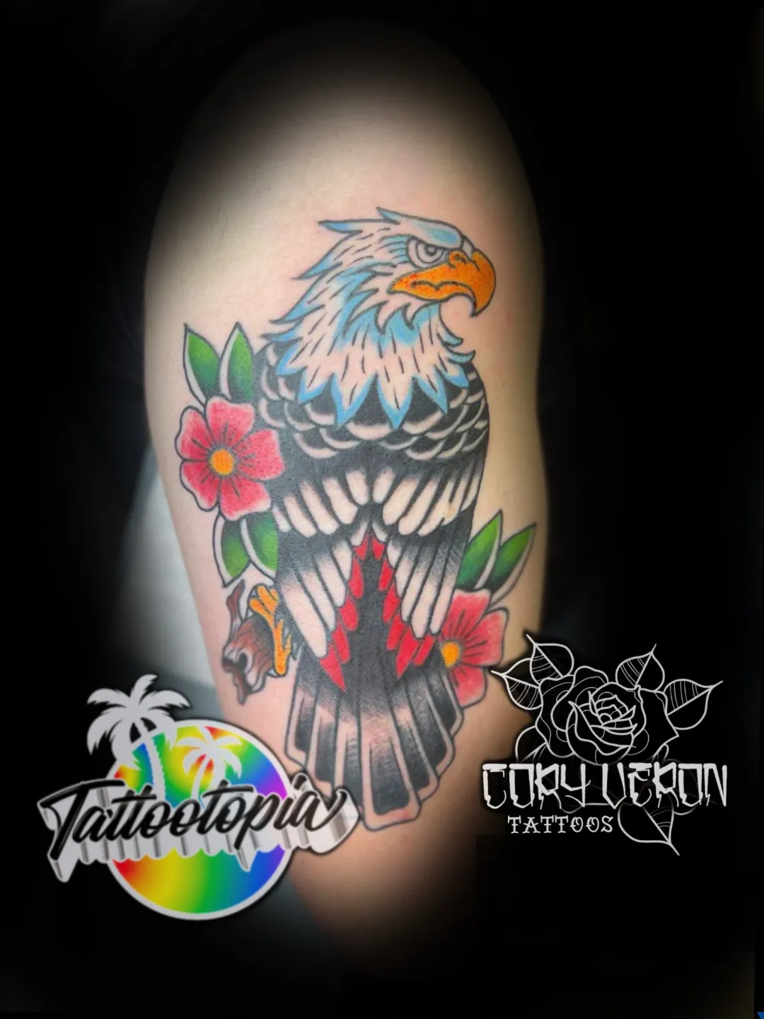 american traditional eagle with flowers arm tattoo cory veron tattootopia