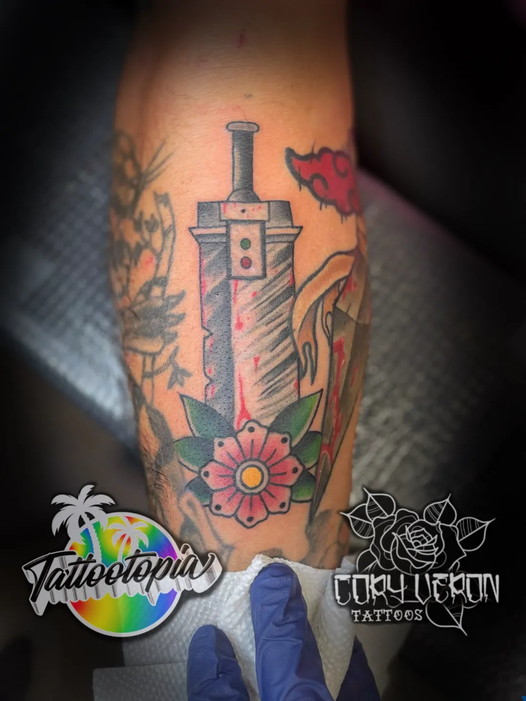 anime buster sword flower leg tattoo cory veron tattootopia