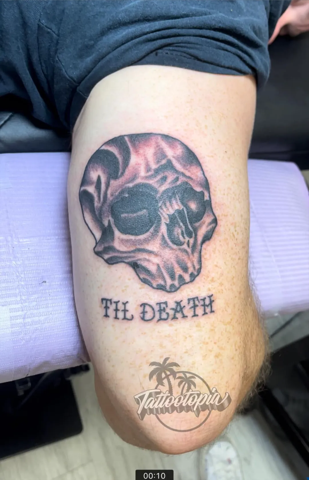 black and gray angel statue clouds sleeve arm tattoo cory veron tattootopia