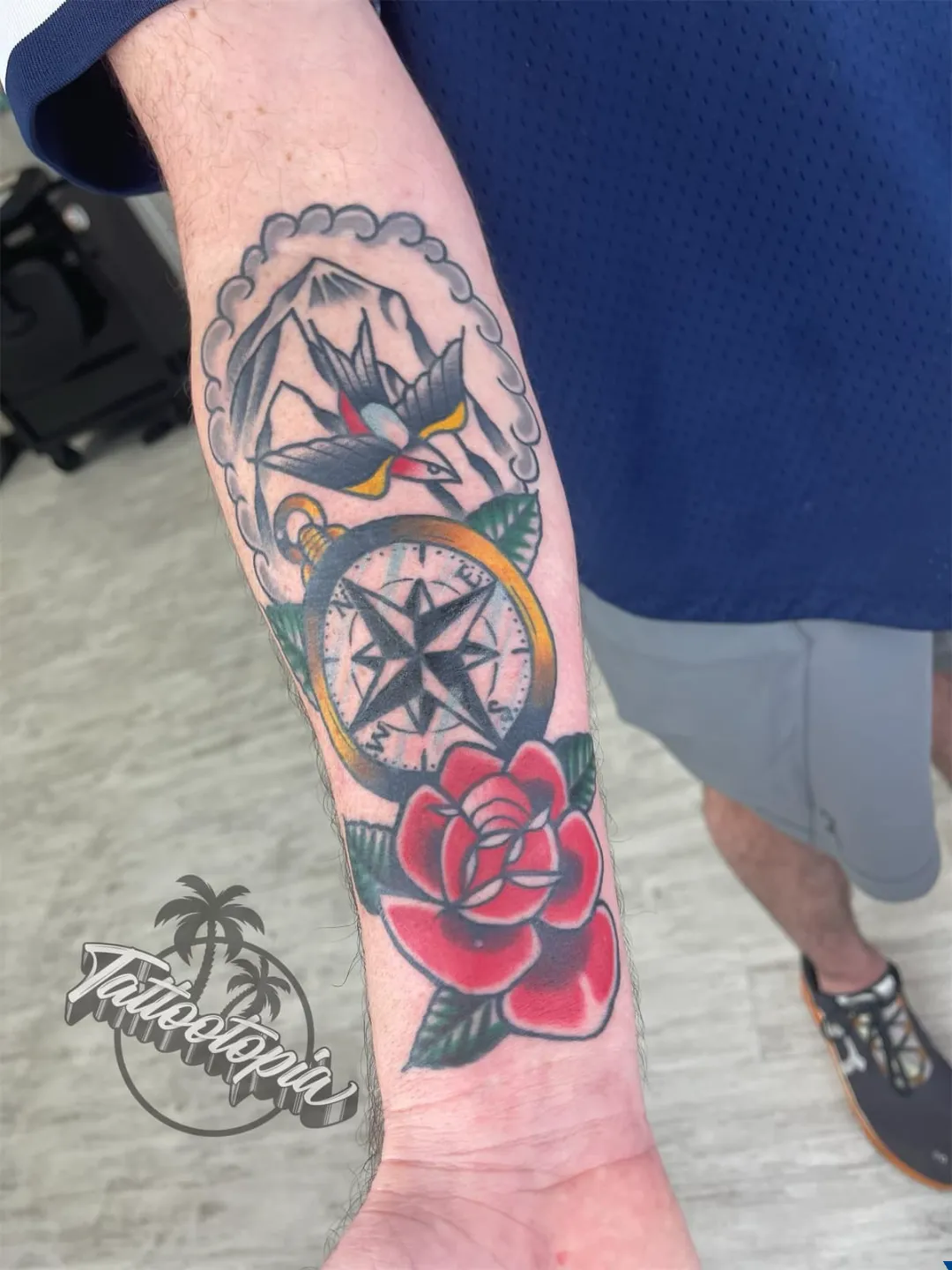 black and gray clock eye roses sleeve arm tattoo cory veron tattootopia