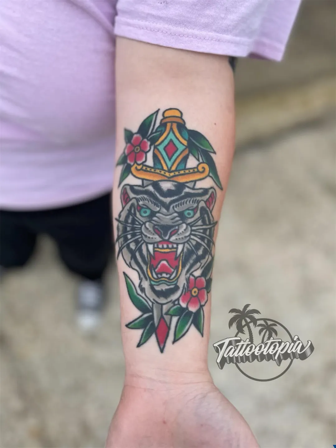 black and gray cross with cloth shoulder tattoo cory veron tattootopia