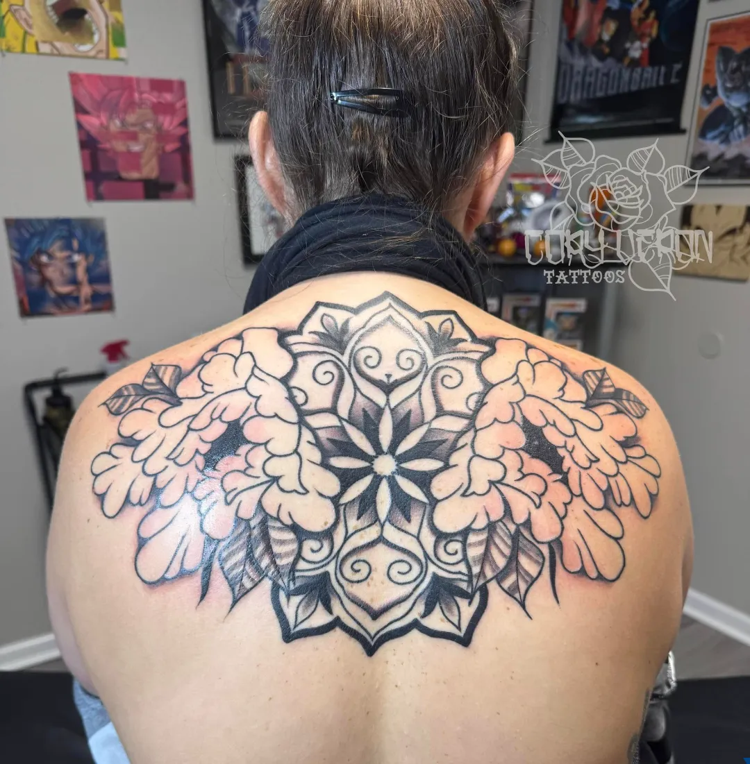 black and gray fine line floral bouquet shoulder tattoo cory veron tattootopia