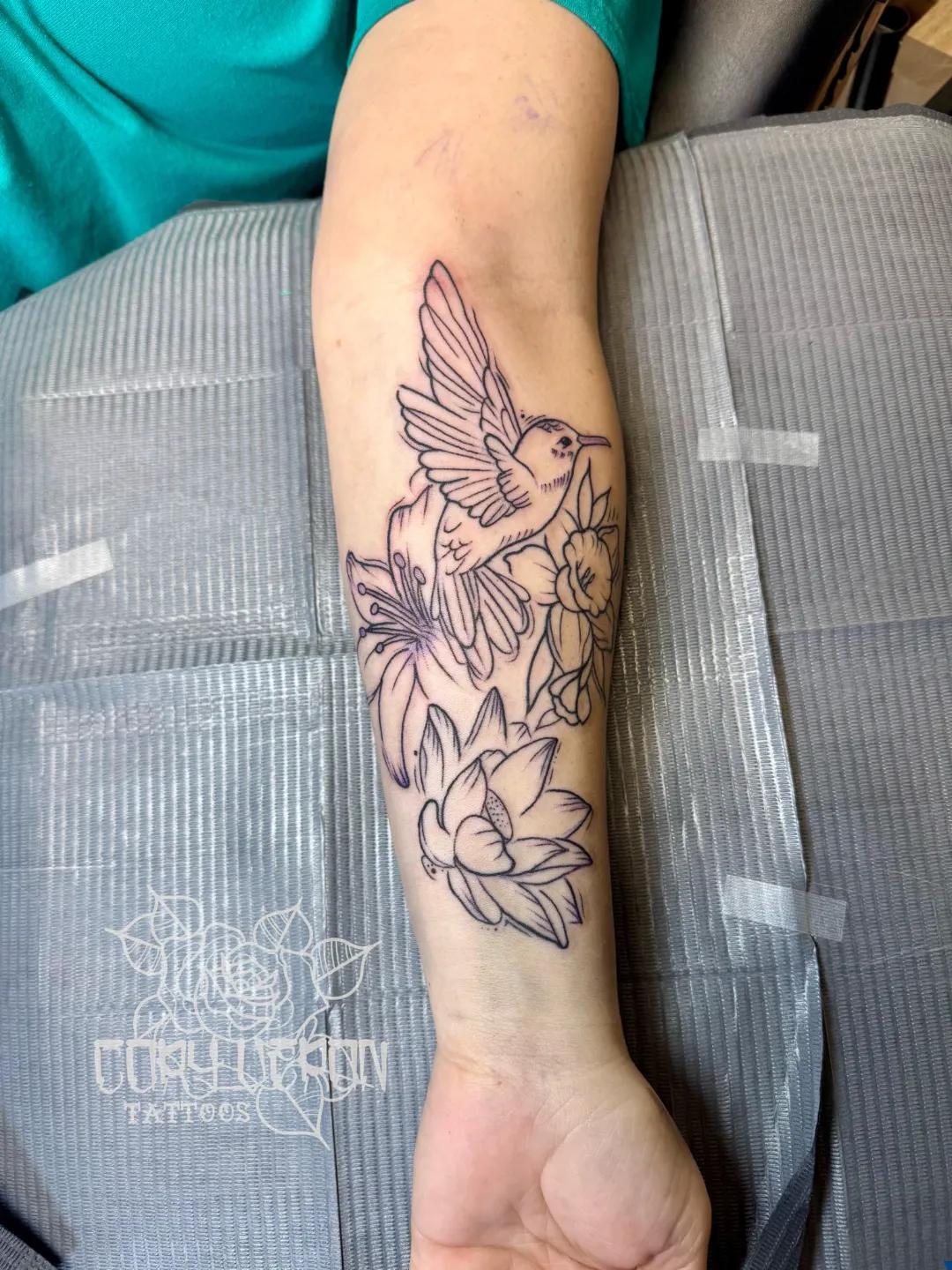 black and gray fine line floral bouquet shoulder tattoo v4 cory veron tattootopia