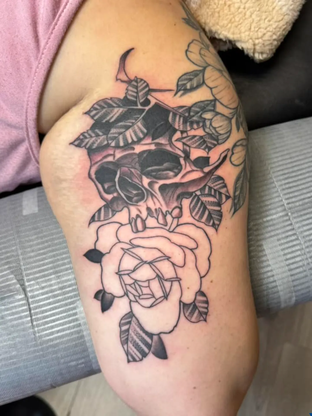 black and gray fine line moth on peony forearm tattoo v3 cory veron tattootopia