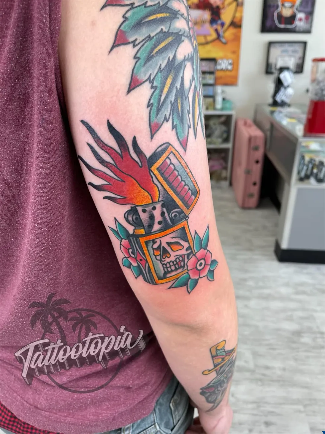 black and gray large skull filigree sleeve arm tattoo cory veron tattootopia