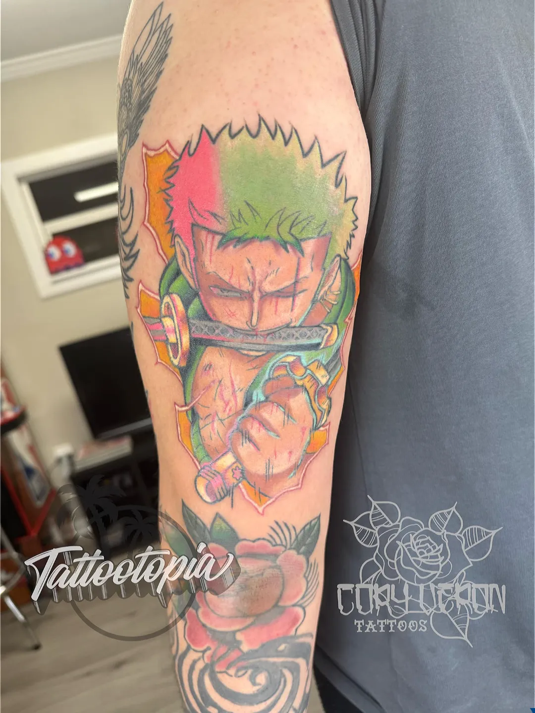 black and gray ornate cross clouds arm tattoo cory veron tattootopia