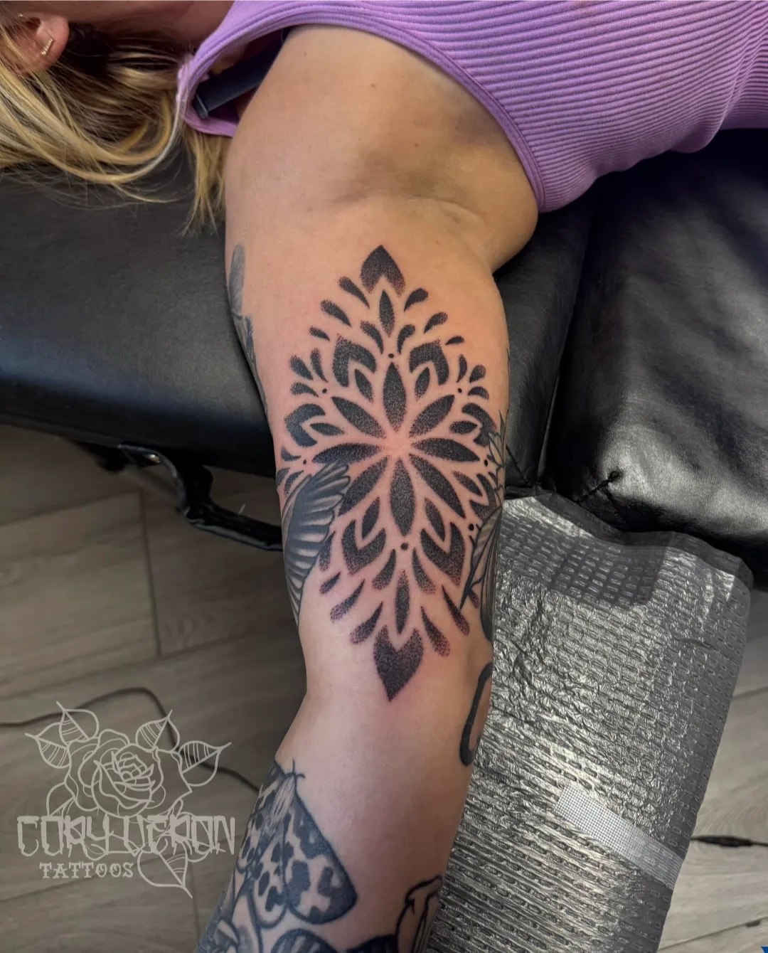 black and gray realistic skull angel sleeve v2 arm tattoo cory veron tattootopia