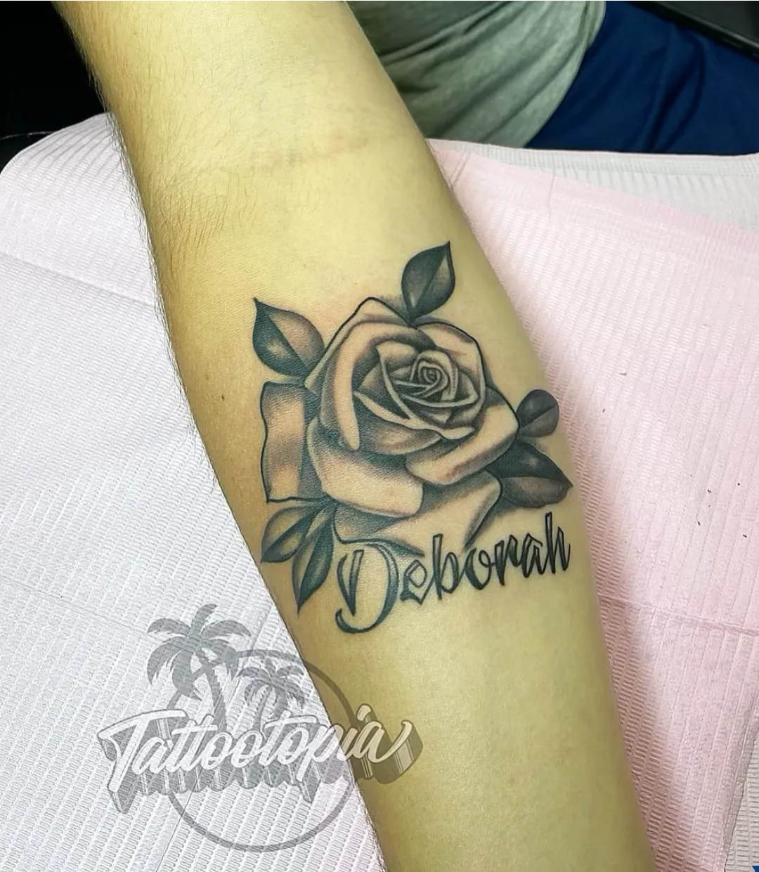 black and gray rose name deborah arm tattoo cory veron tattootopia