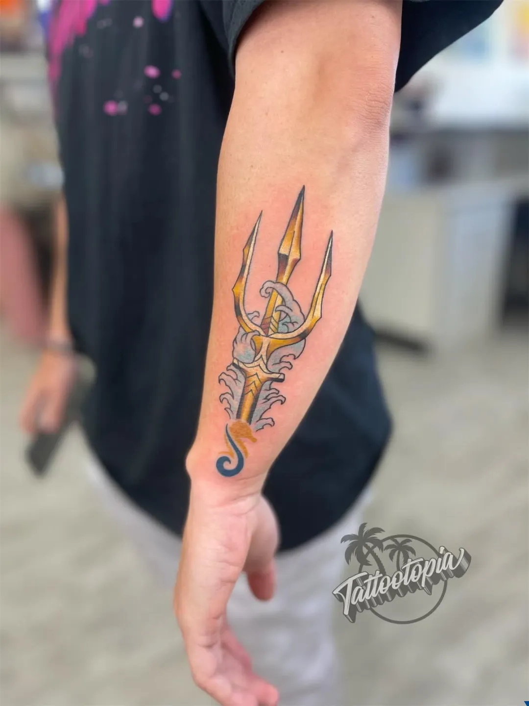 black and gray saint michael demon sleeve arm tattoo cory veron tattootopia