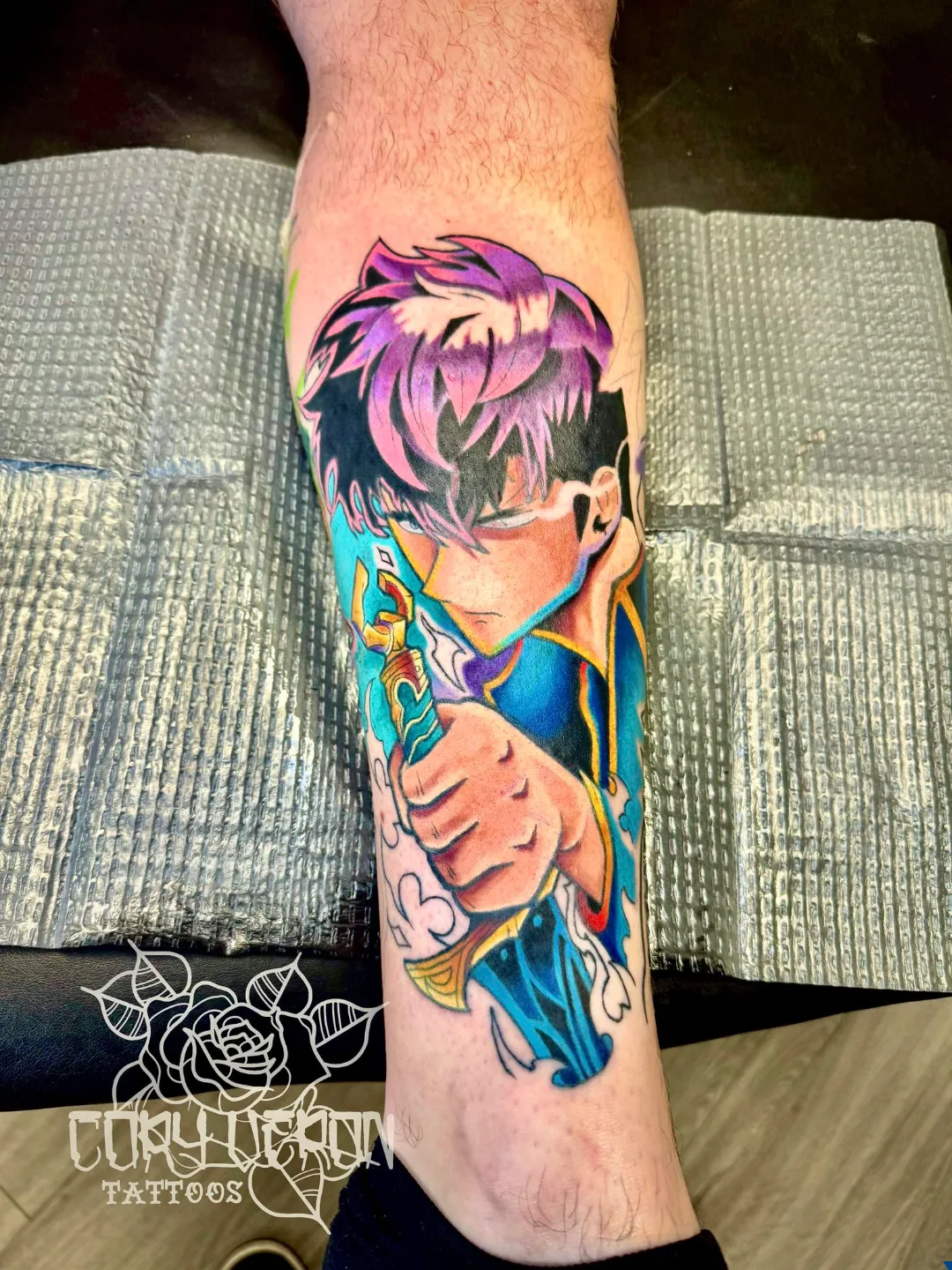 black and gray saint michael demon sleeve v2 arm tattoo cory veron tattootopia