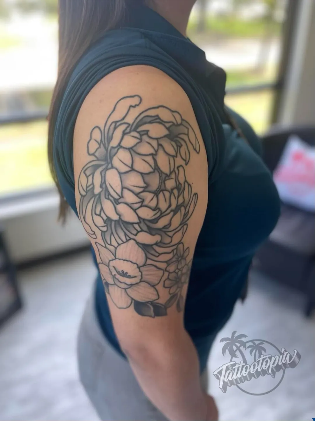 black and gray skull clock roses sleeve arm tattoo cory veron tattootopia