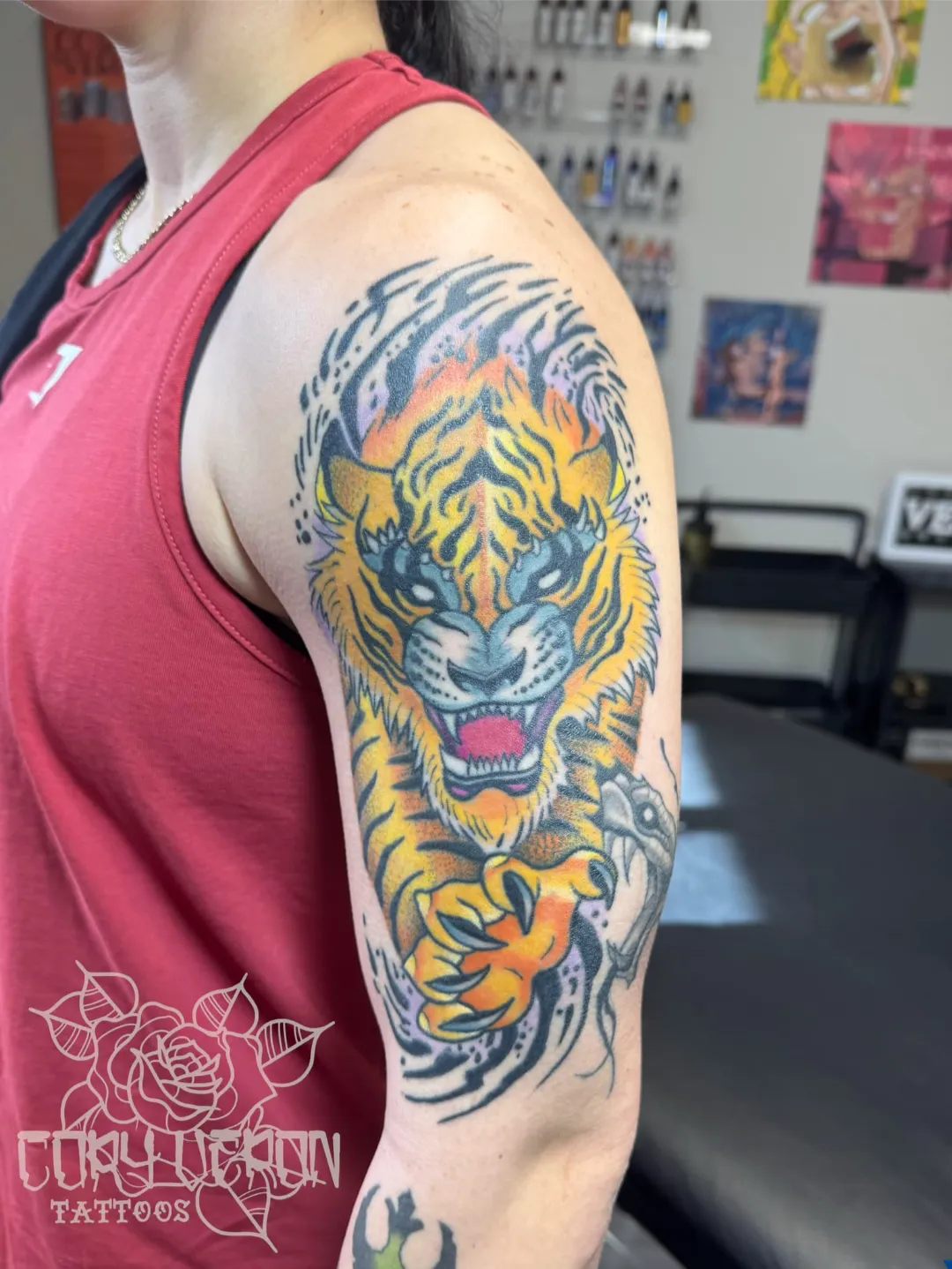 black and gray skull ornate cross sleeve arm tattoo cory veron tattootopia