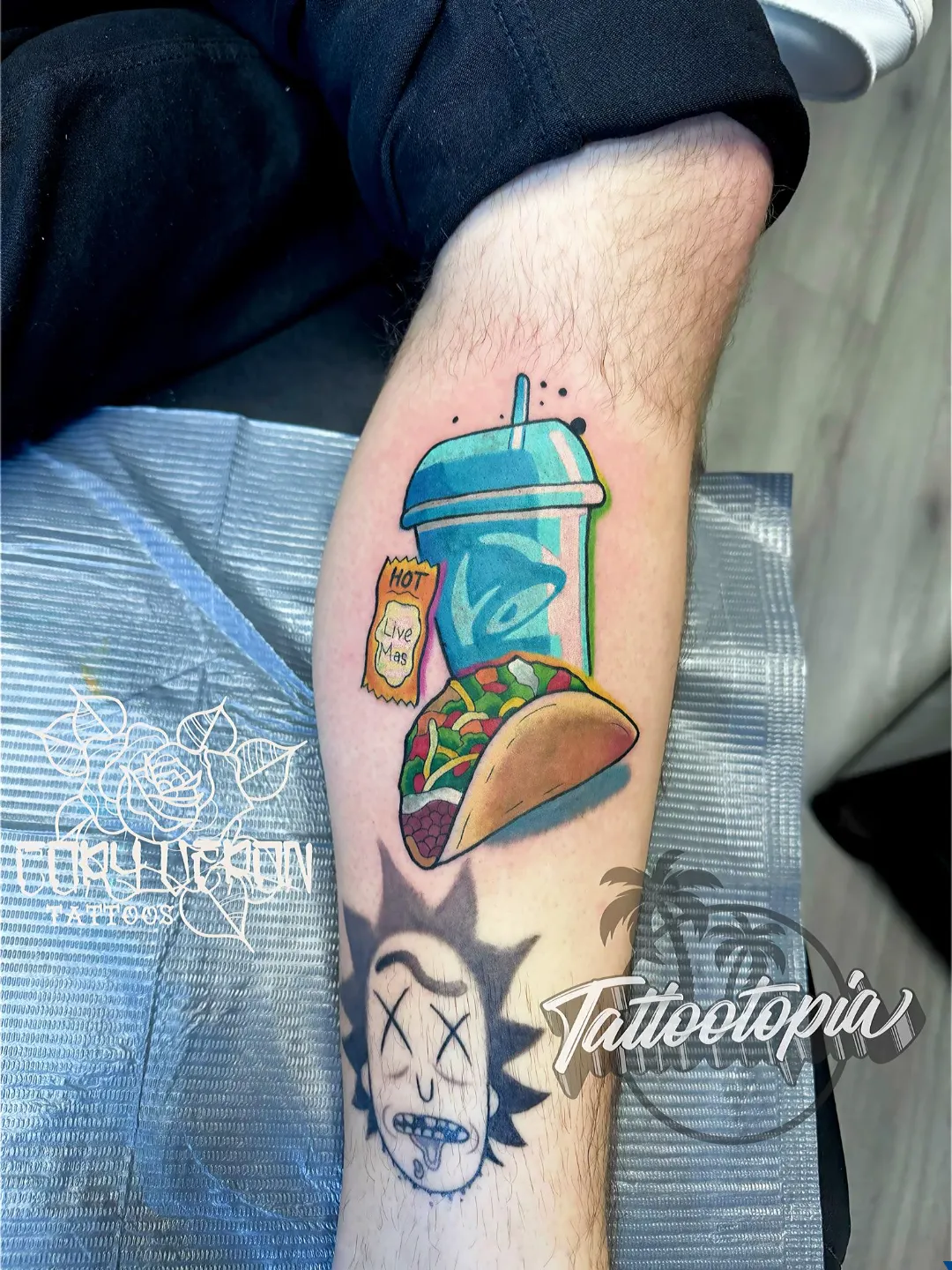 black and gray skull rose filigree sleeve arm tattoo cory veron tattootopia