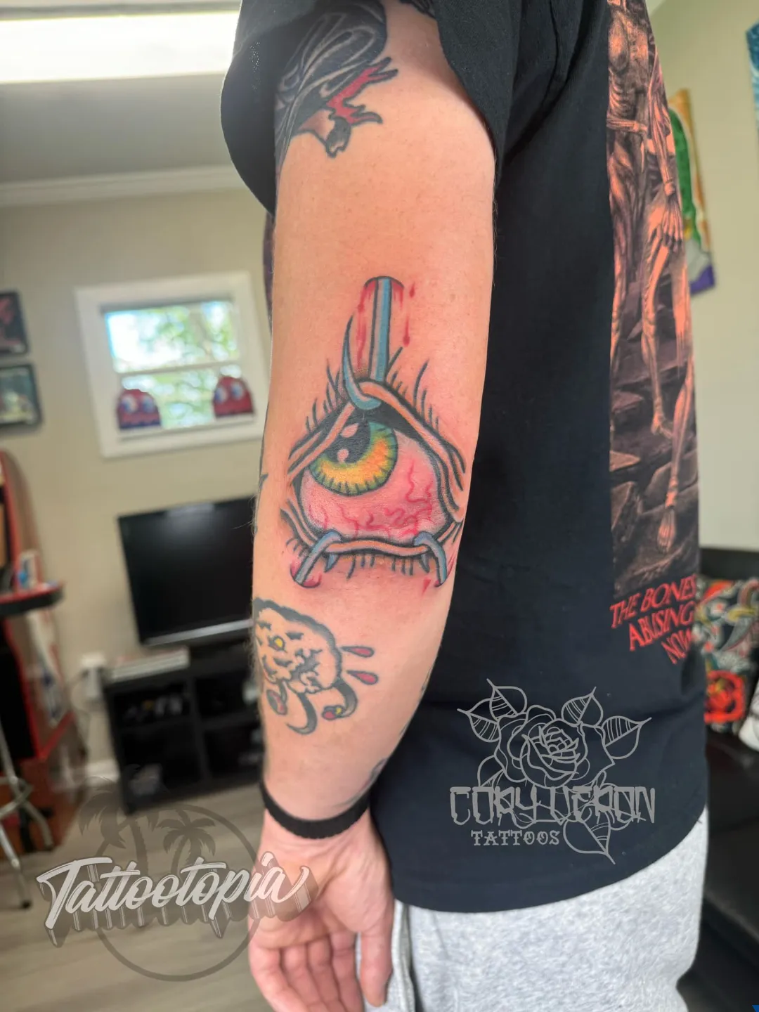 black and gray skull roses sleeve arm tattoo cory veron tattootopia