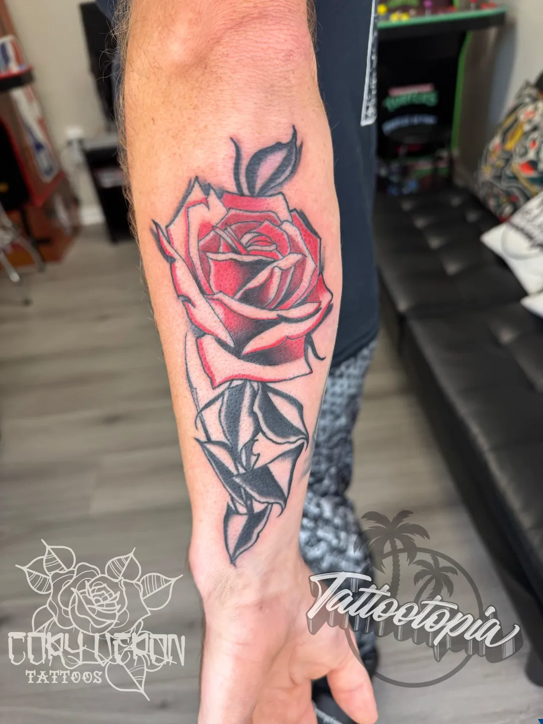 black and gray skull roses sleeve completed arm tattoo cory veron tattootopia