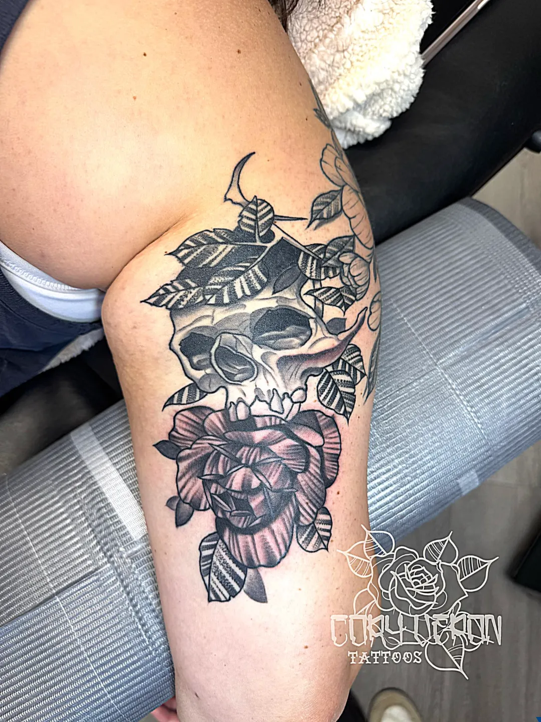 black and gray skull roses sleeve completed v2 arm tattoo cory veron tattootopia