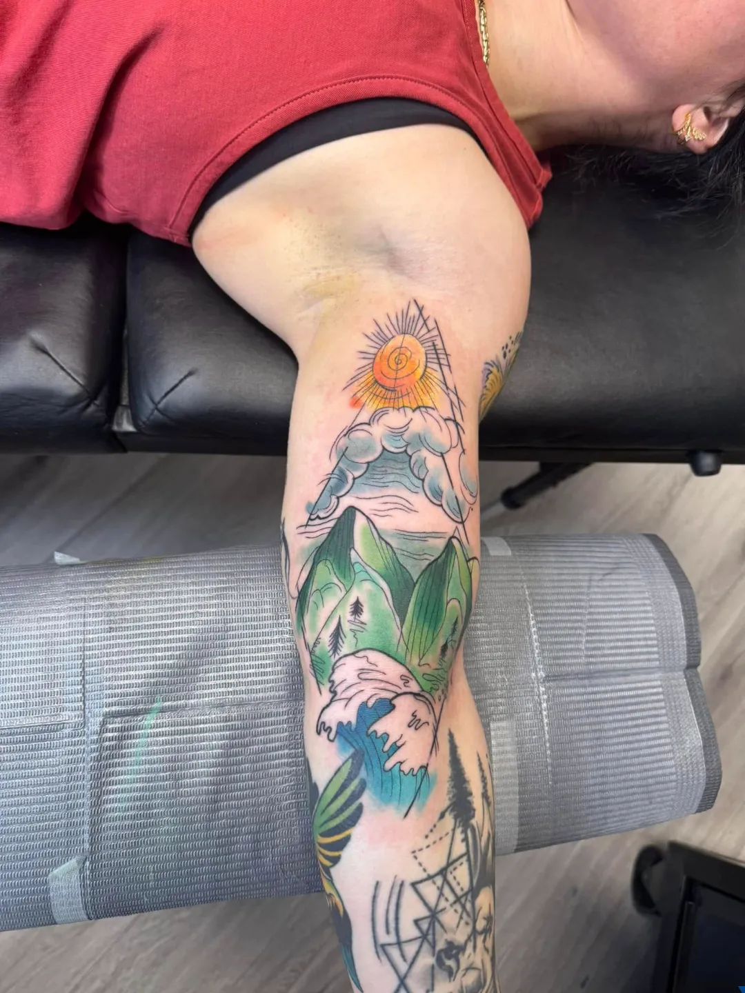 black and gray skull roses sleeve in progress v6 arm tattoo cory veron tattootopia