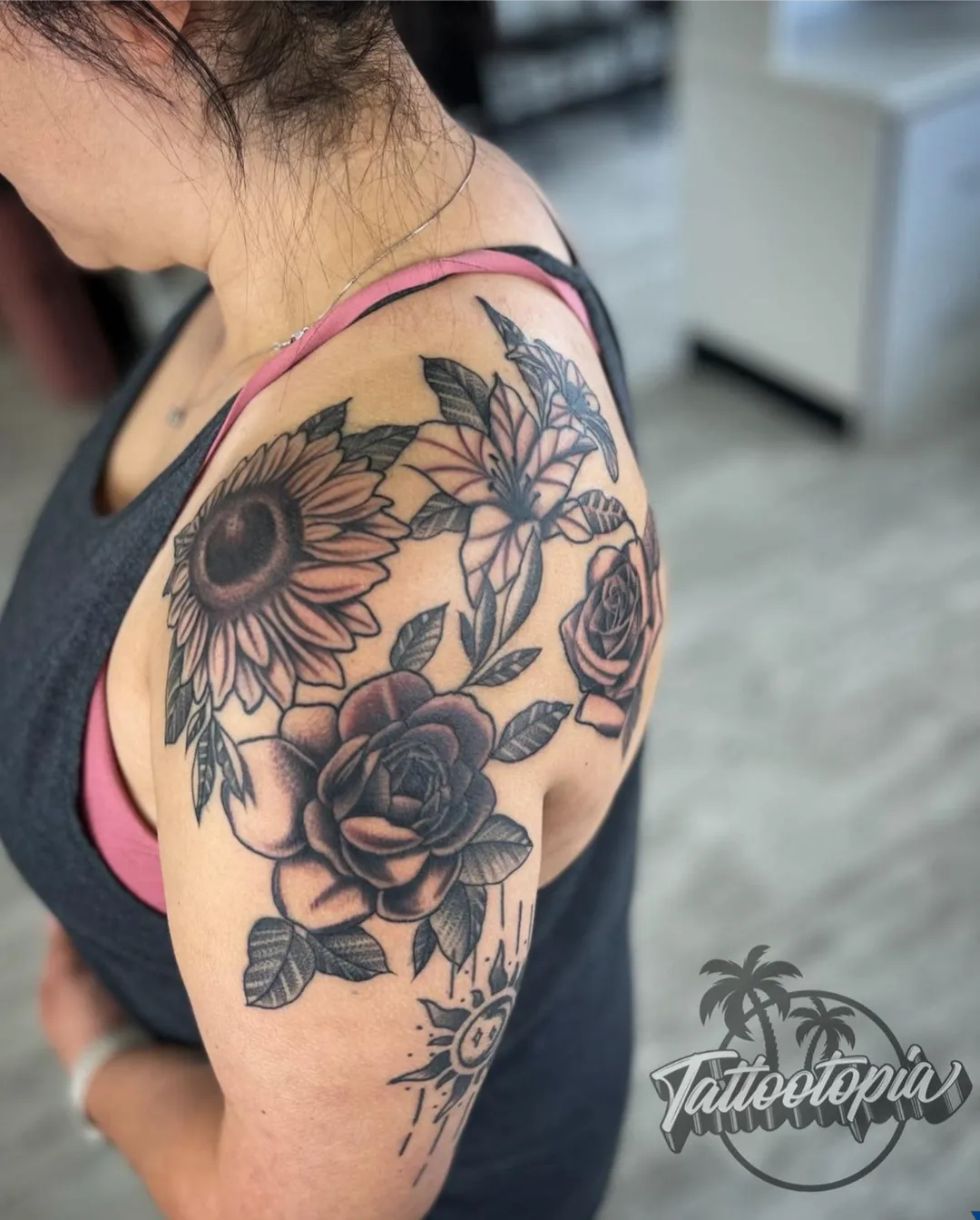 black and gray skull sleeve filigree arm tattoo cory veron tattootopia