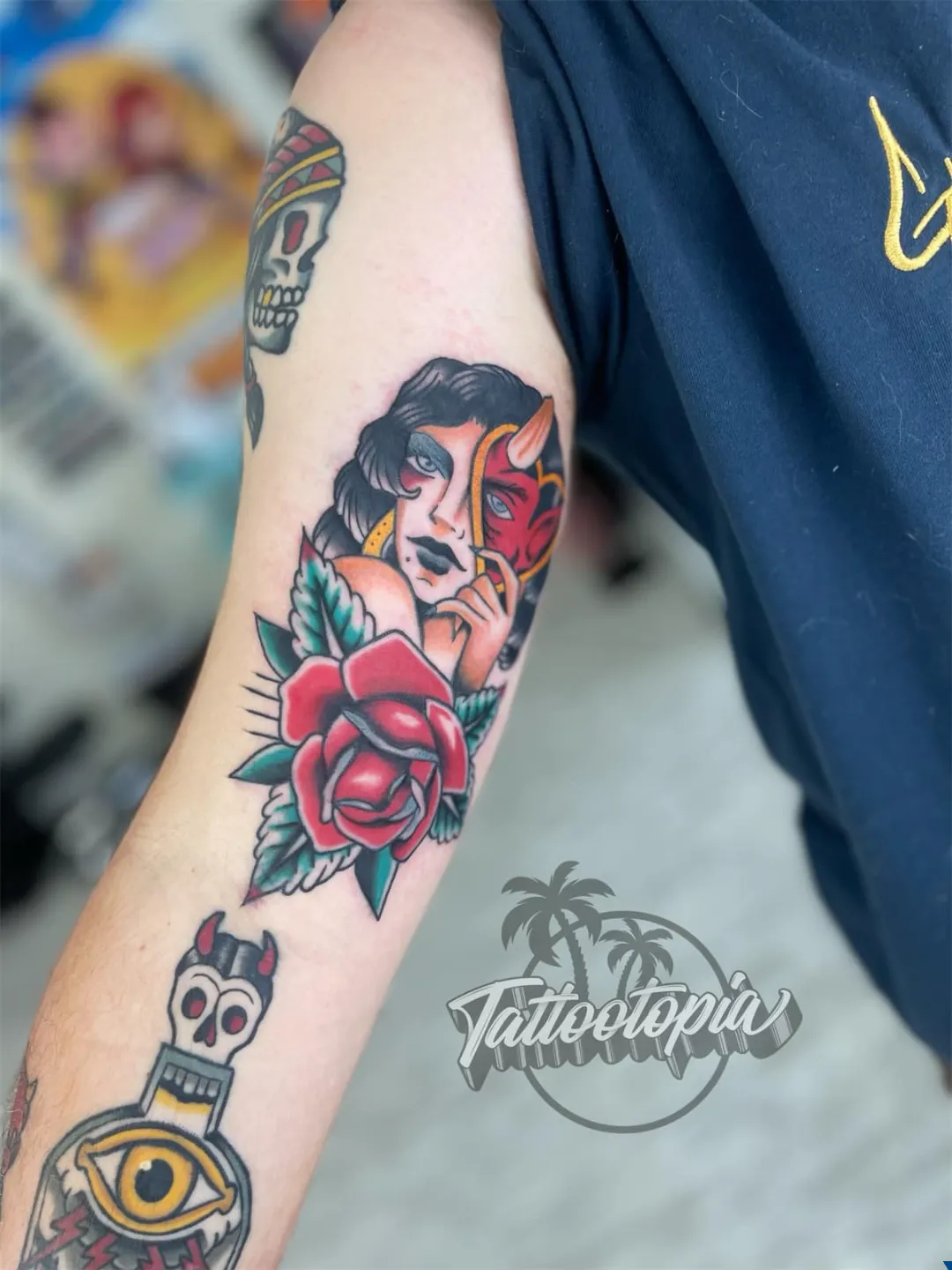 black and gray wolf forest forearm tattoo cory veron tattootopia