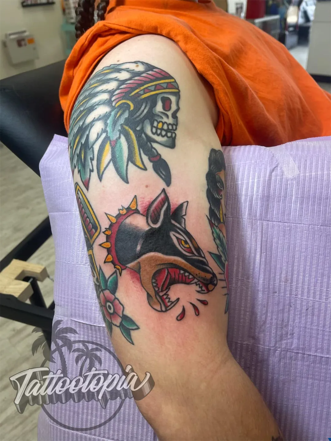 black and gray wolf forest sleeve forearm tattoo cory veron tattootopia