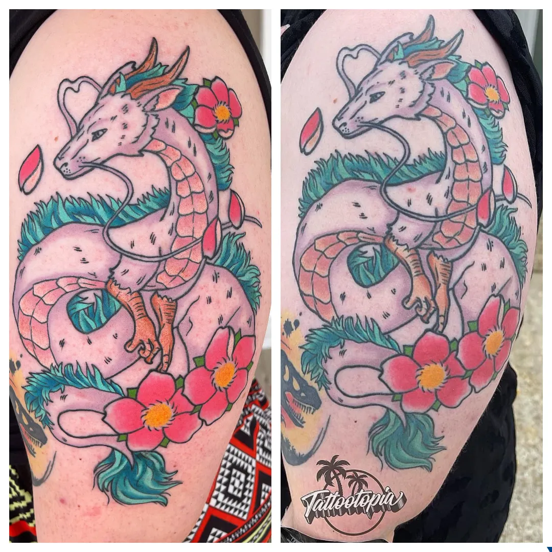 black and gray wolf headdress woman portrait arm tattoo cory veron tattootopia