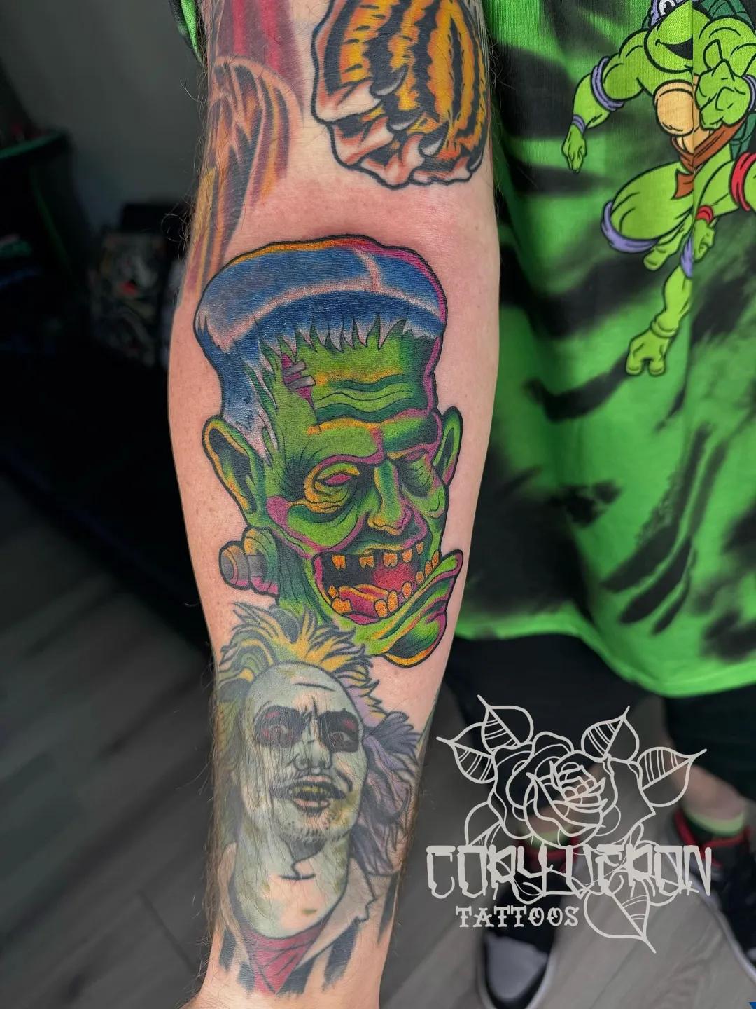 black and gray woman portrait headdress arm tattoo v2 cory veron tattootopia