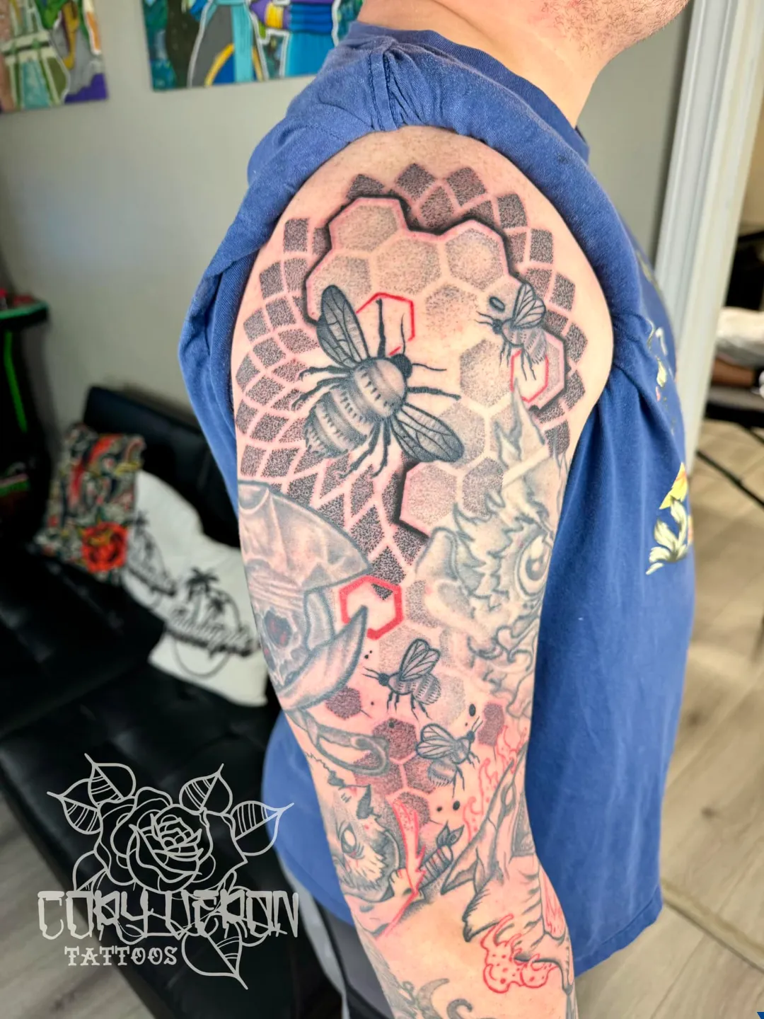 black and gray woman portrait lion headdress clock sleeve arm tattoo cory veron tattootopia