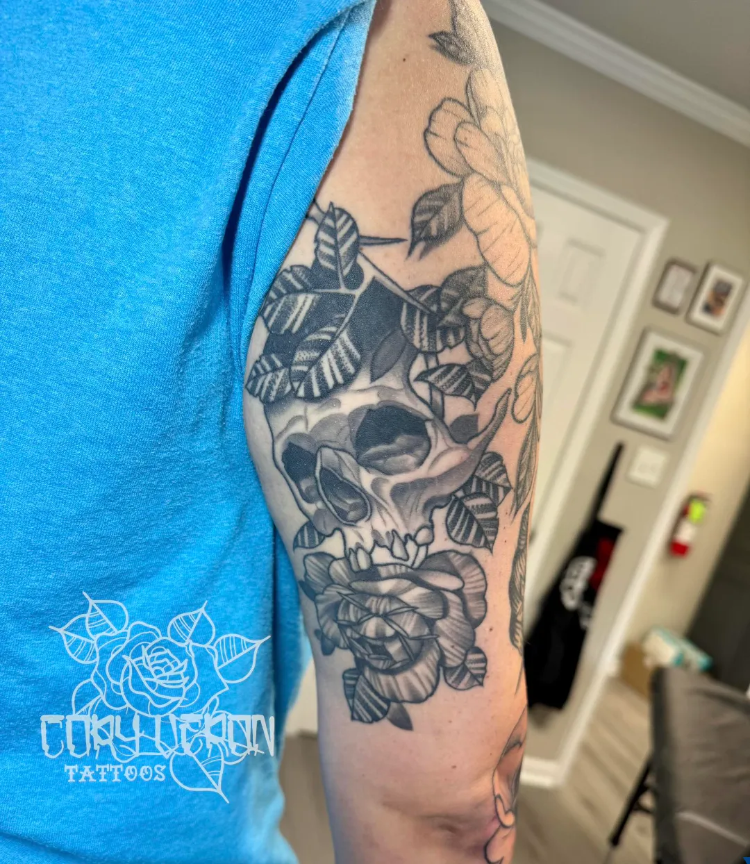 black and gray woman portrait lion headdress clock sleeve v2 arm tattoo cory veron tattootopia