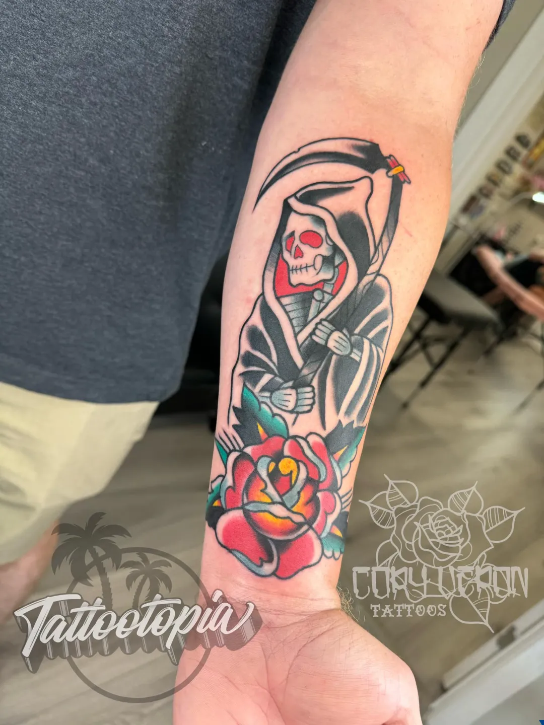 black and gray woman portrait lion headdress sleeve arm tattoo cory veron tattootopia