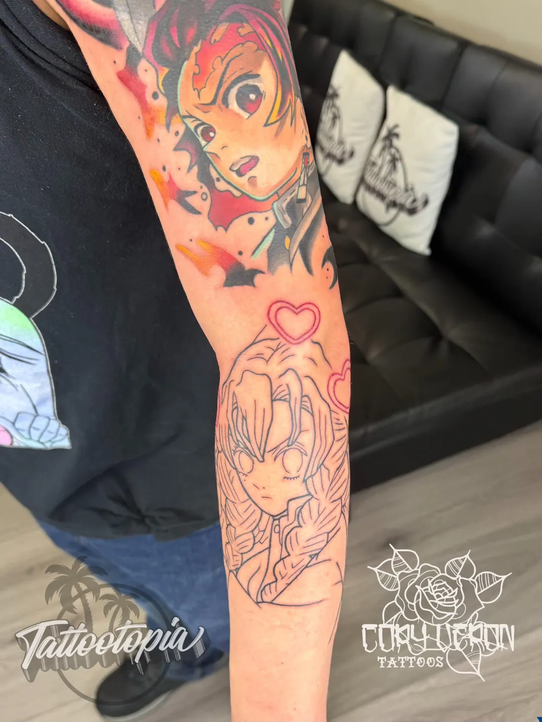 black and gray woman portrait rose sleeve arm tattoo cory veron tattootopia