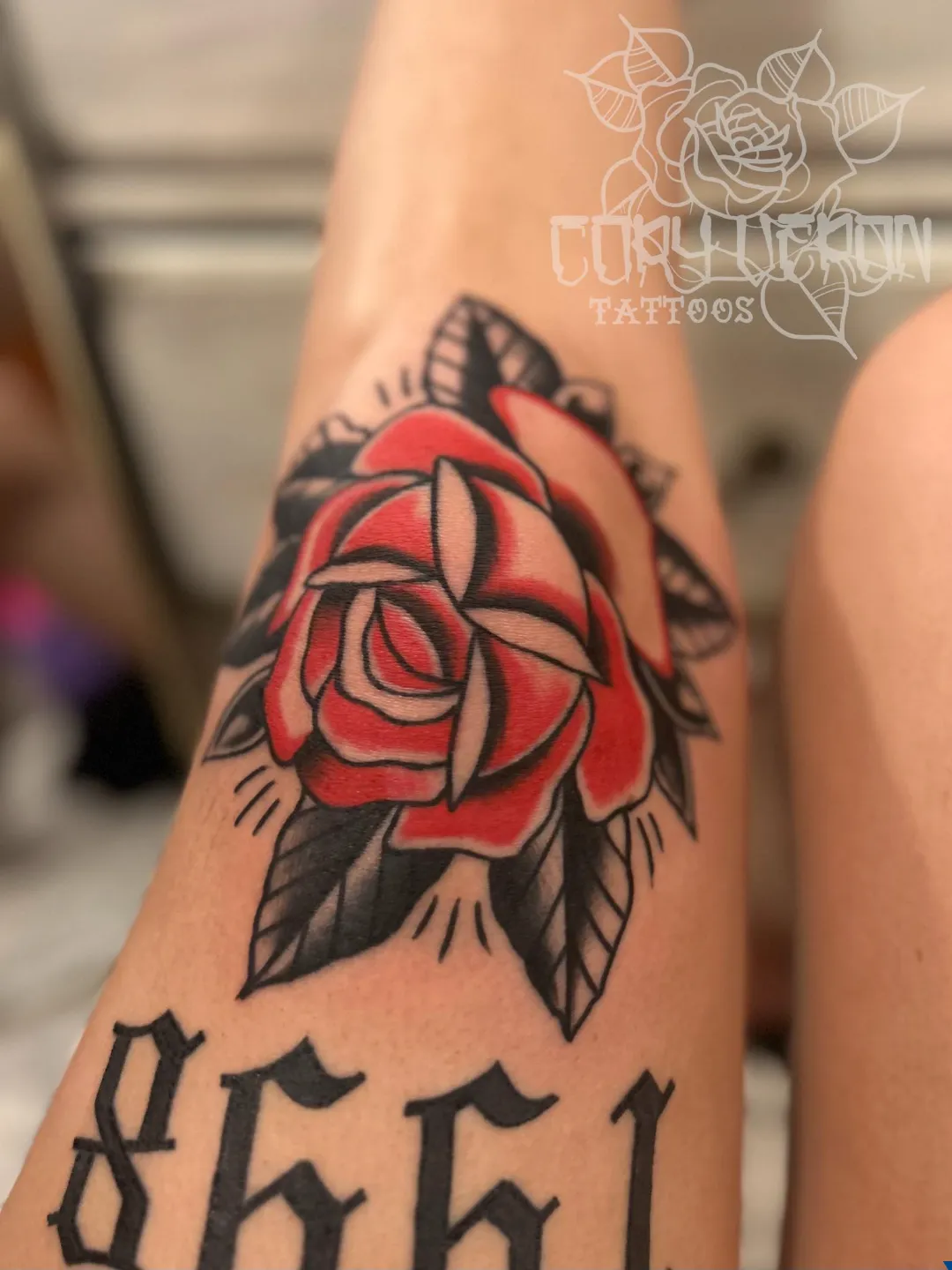 black and gray woman portrait skull flowers leg tattoo cory veron tattootopia