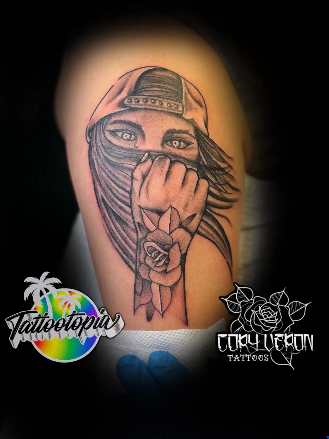 black and gray woman with hat arm tattoo cory veron tattootopia