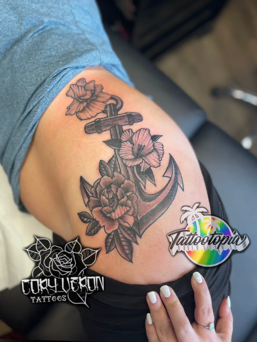 black and grey anchor with flowers thigh tattoo cory veron tattootopia