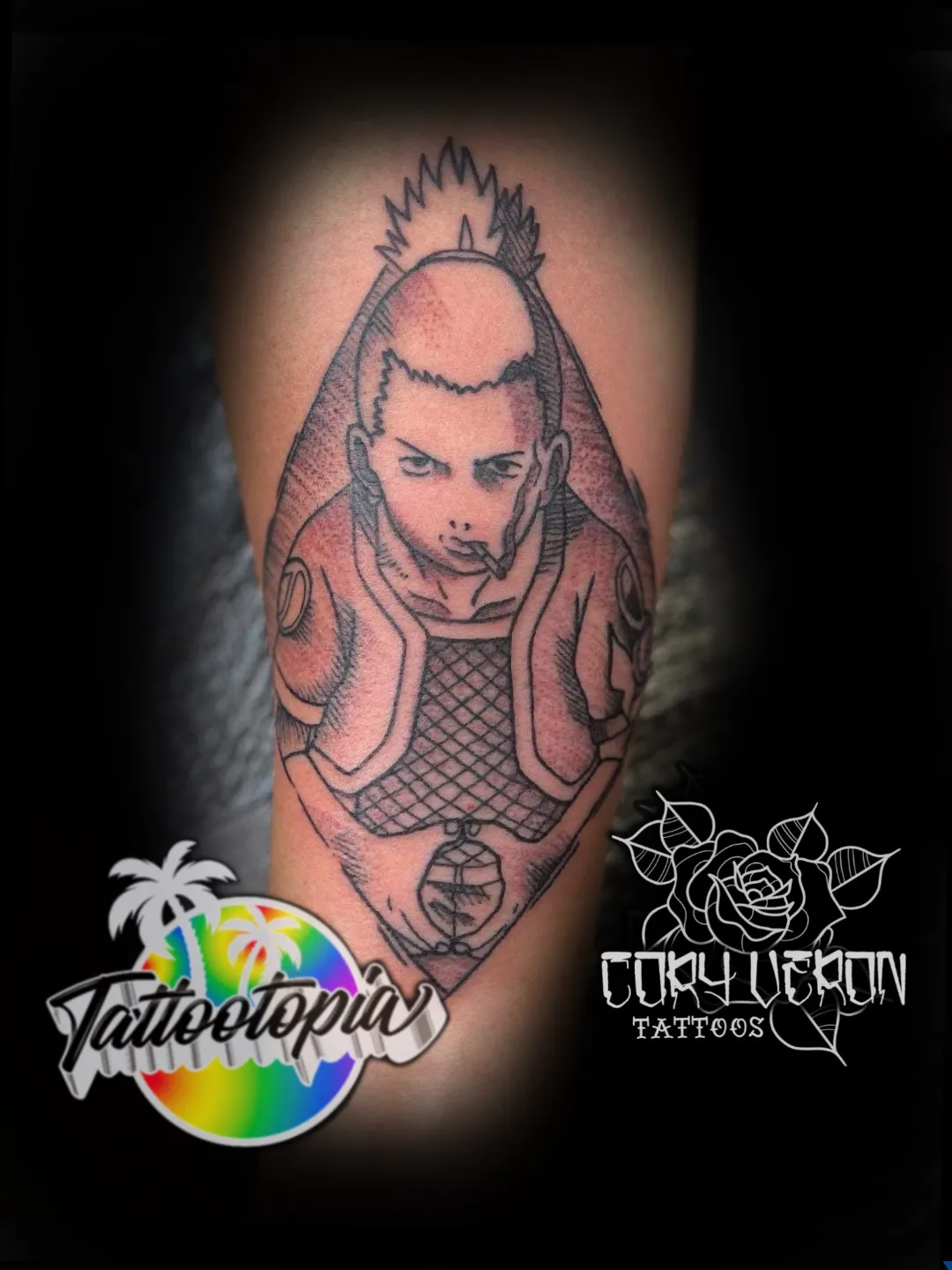 black and grey anime ninja portrait forearm tattoo cory veron tattootopia