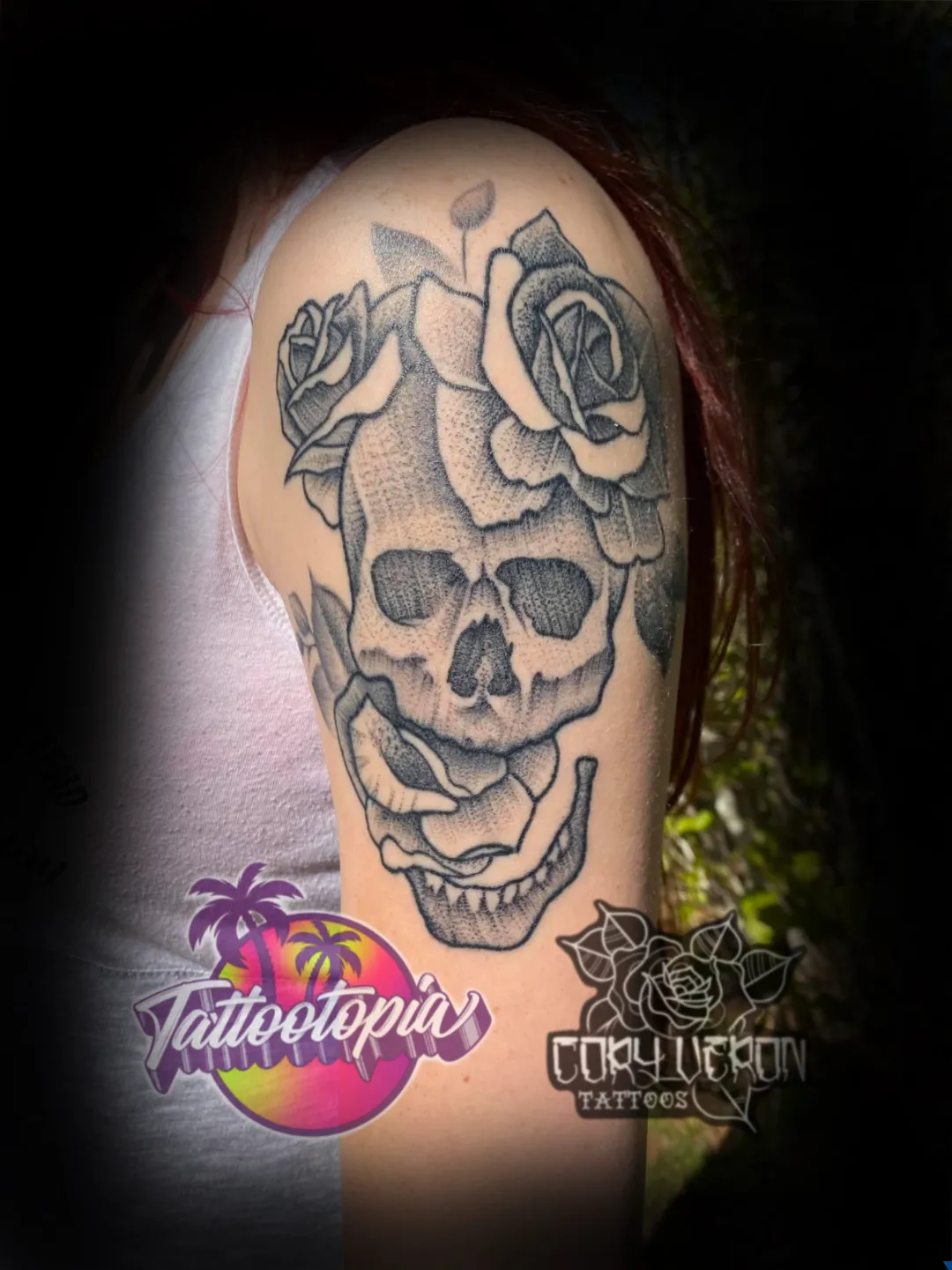 black and grey dotwork skull with roses shoulder tattoo cory veron tattootopia