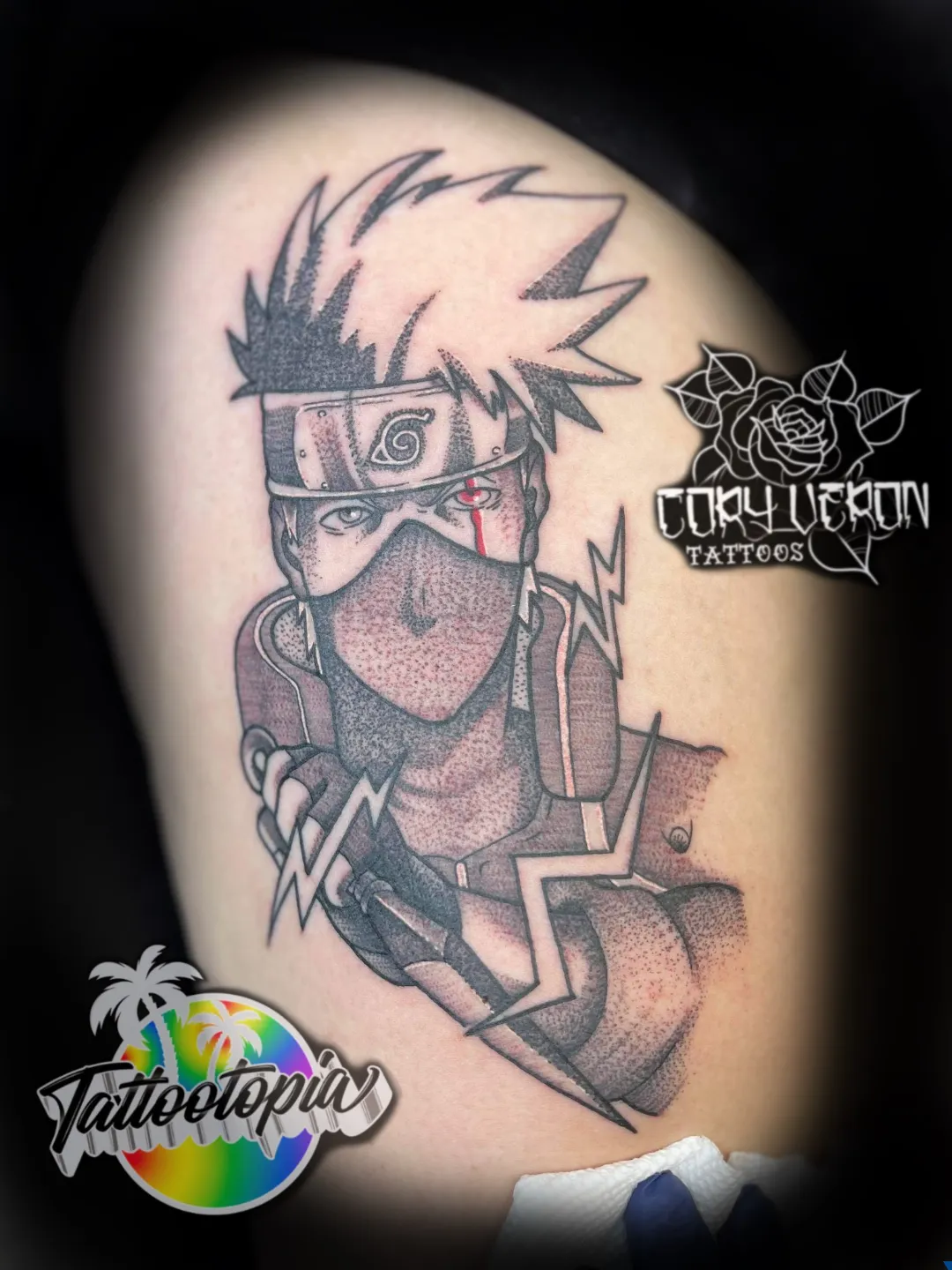 black and grey masked anime ninja portrait thigh tattoo cory veron tattootopia