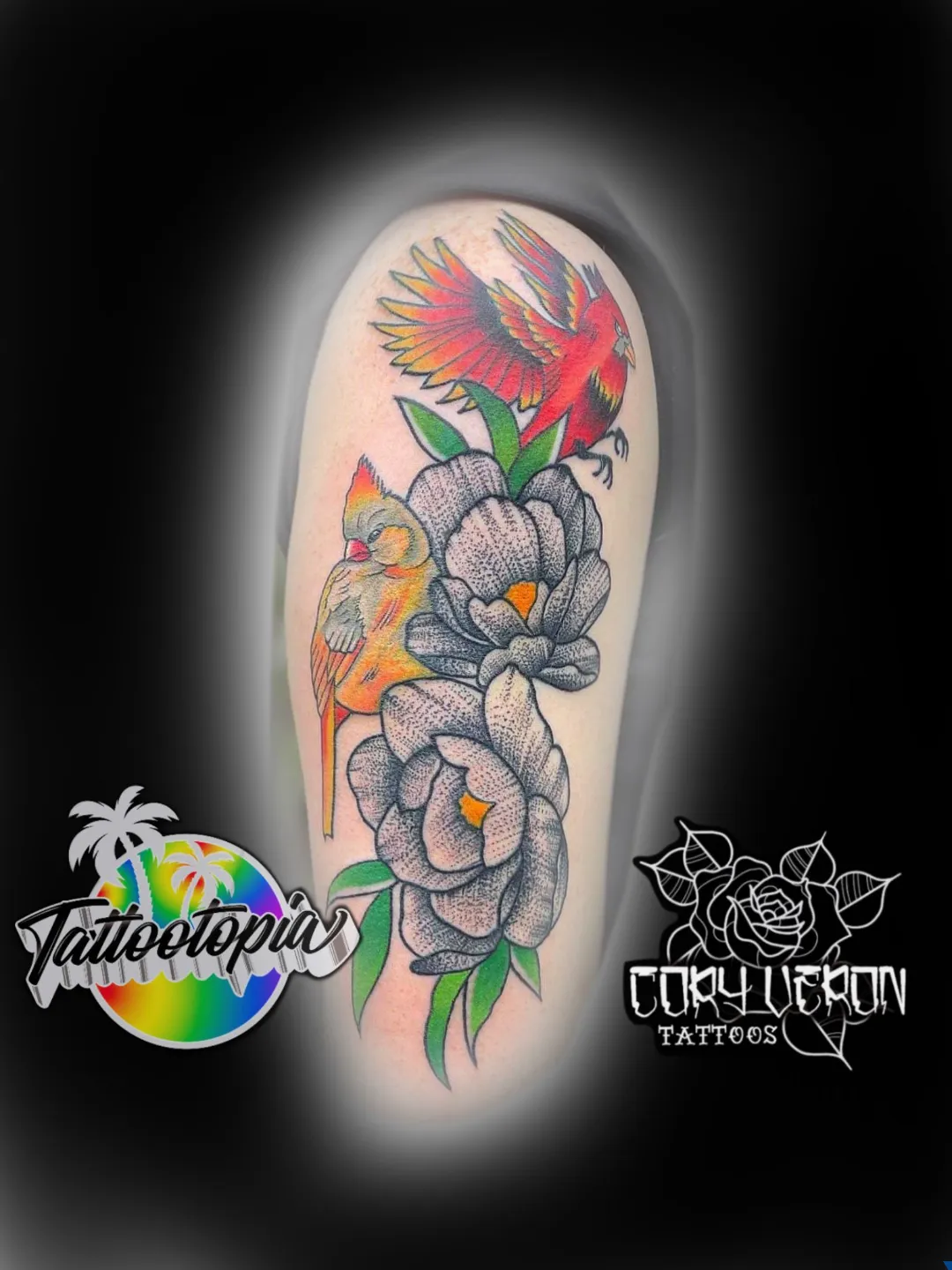 cardinals and peonies arm tattoo cory veron tattootopia