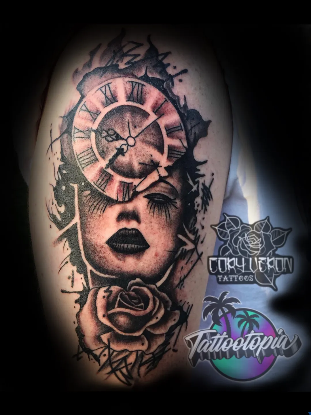 clock and rose portrait leg tattoo cory veron tattootopia