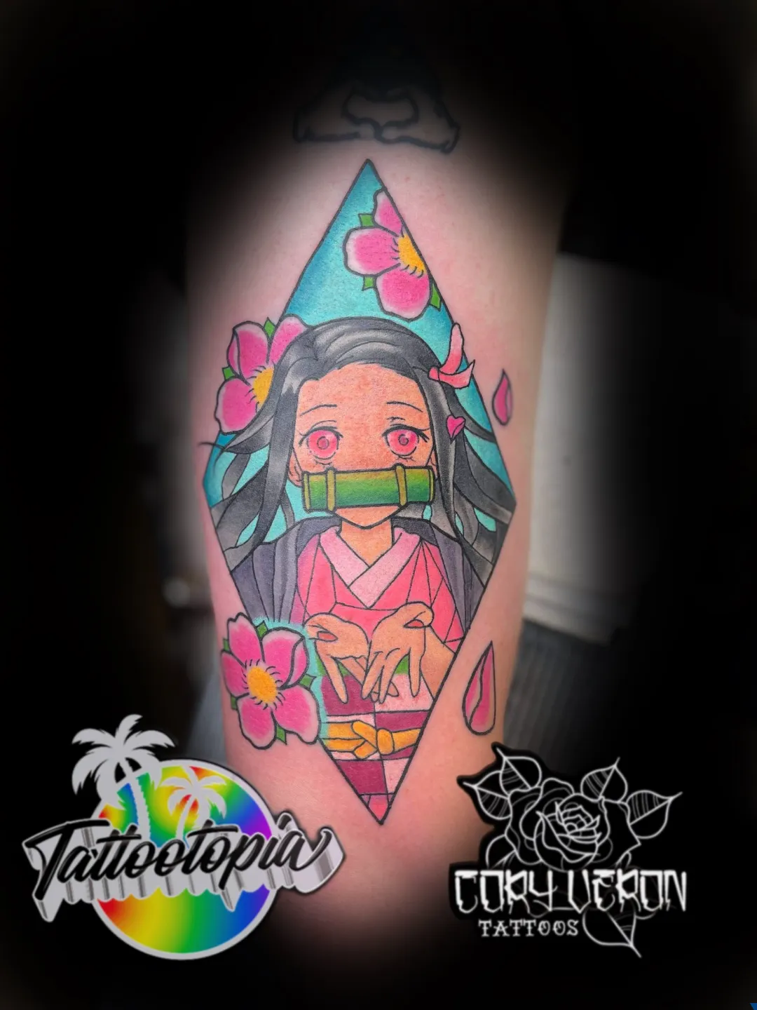color anime girl in pink kimono tattoo cory veron tattootopia