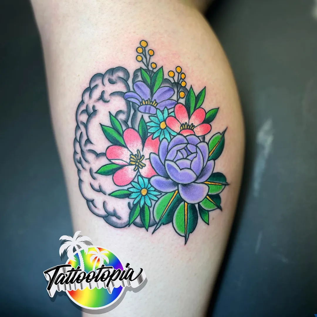 color brain with flowers leg tattoo cory veron tattootopia