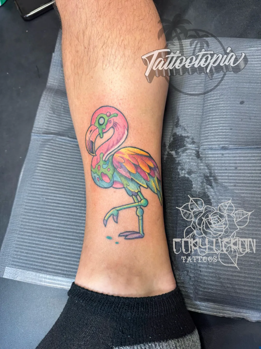 color new school flamingo ankle tattoo cory veron tattootopia