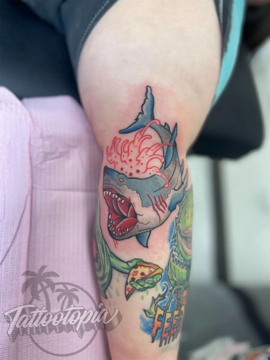 color shark attack leg tattoo cory veron tattootopia