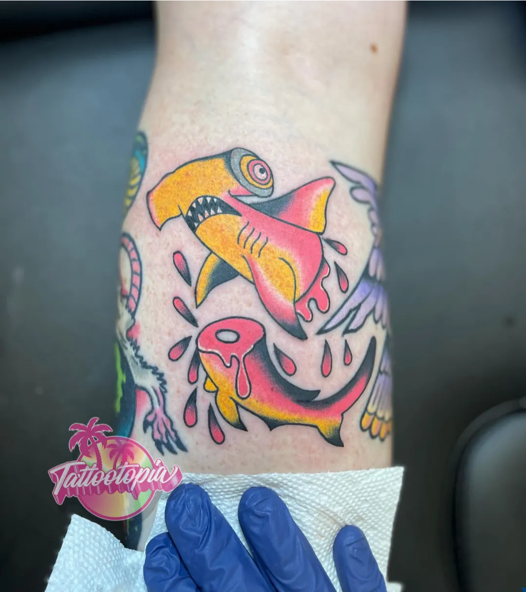 colorful shark bite traditional tattoo cory veron tattootopia