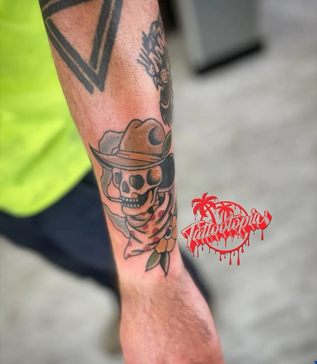 cowboy skull traditional forearm tattoo cory veron tattootopia