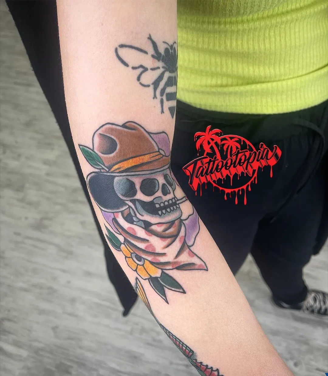 cowboy skull with flower arm tattoo cory veron tattootopia