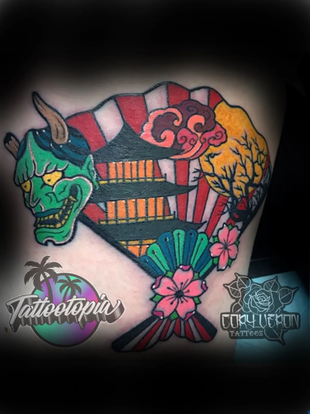 japanese fan demon mask and temple tattoo cory veron tattootopia